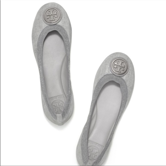 Tory Burch Caroline 2 Metallic Gray Suede Flats - Picture 2 of 11